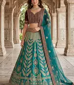 Green Mulmul silk festive lehenga with velvet blouse and organza dupatta For Women's