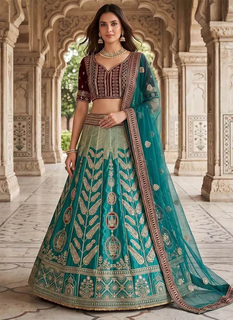 Green Mulmul silk festive lehenga with velvet blouse and organza dupatta For Women's