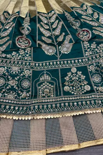 Green Mulmul silk festive lehenga with velvet blouse and organza dupatta For Women's