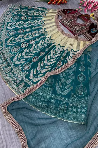 Green Mulmul silk festive lehenga with velvet blouse and organza dupatta For Women's