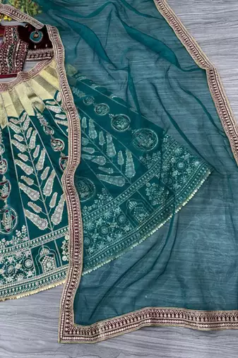 Green Mulmul silk festive lehenga with velvet blouse and organza dupatta For Women's