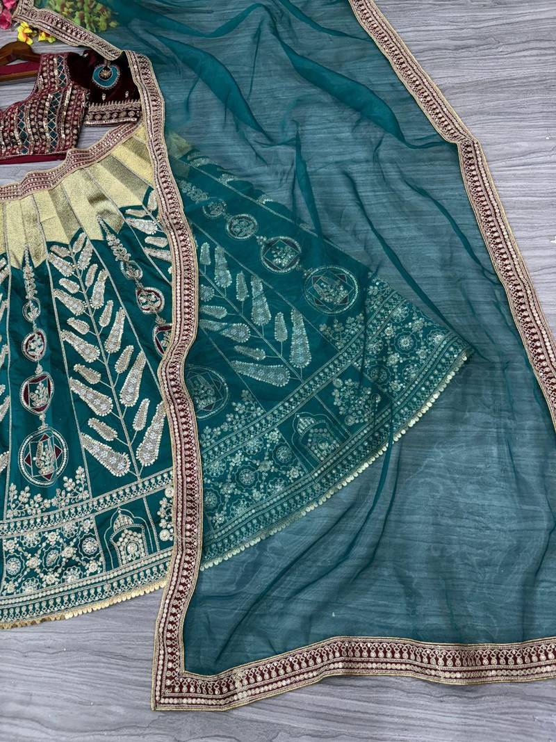 Green Mulmul silk festive lehenga with velvet blouse and organza dupatta For Women's
