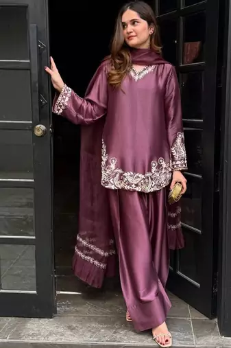 Wine silk crepe heavy thread embroidery work kurta patiala set