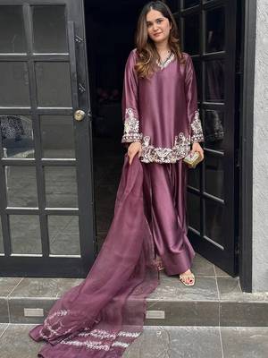 Wine silk crepe heavy thread embroidery work kurta patiala set 3