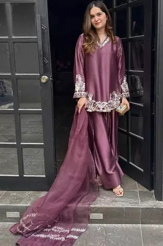 Wine silk crepe heavy thread embroidery work kurta patiala set