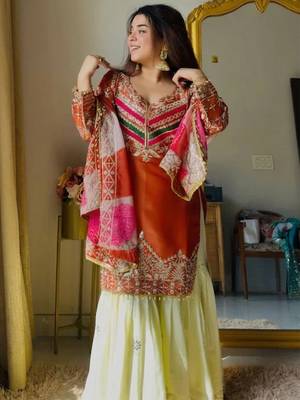 Rust satin silk heavy thread embroidery work kurta gharara set 1
