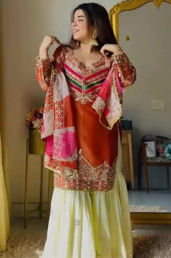 Rust satin silk heavy thread embroidery work kurta gharara set