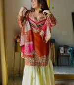 Rust satin silk heavy thread embroidery work kurta gharara set
