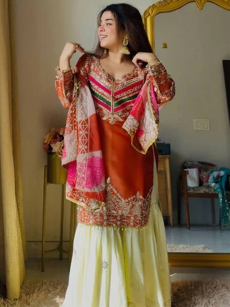 Rust satin silk heavy thread embroidery work kurta gharara set