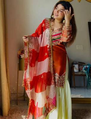 Rust satin silk heavy thread embroidery work kurta gharara set 2