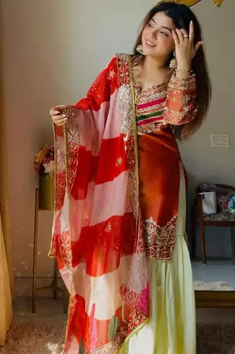 Rust satin silk heavy thread embroidery work kurta gharara set