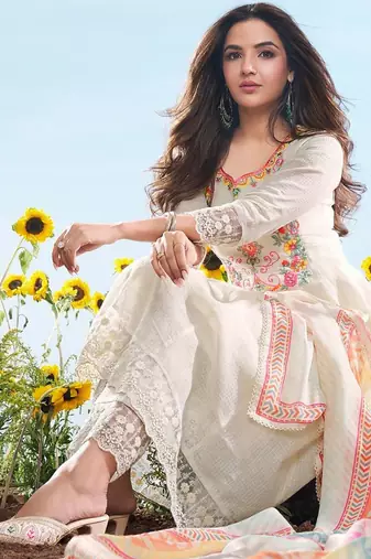 Off white cotton chex heavy thread embroidery work with printed dupatta kurta pant set