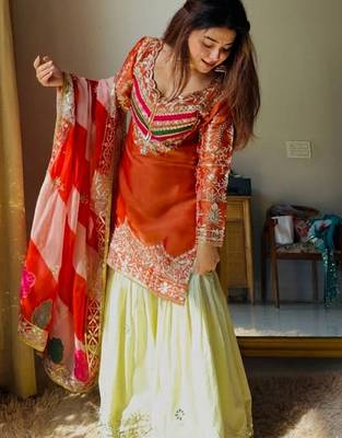 Rust satin silk heavy thread embroidery work kurta gharara set 3