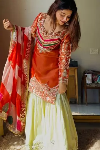Rust satin silk heavy thread embroidery work kurta gharara set