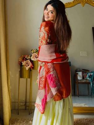 Rust satin silk heavy thread embroidery work kurta gharara set 4