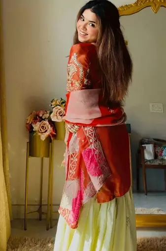 Rust satin silk heavy thread embroidery work kurta gharara set