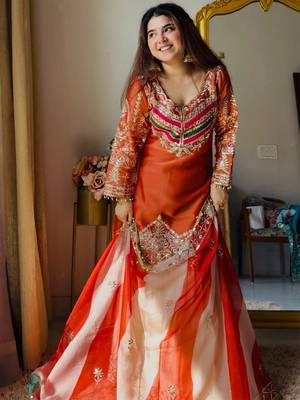 Rust satin silk heavy thread embroidery work kurta gharara set 5