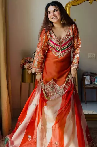 Rust satin silk heavy thread embroidery work kurta gharara set