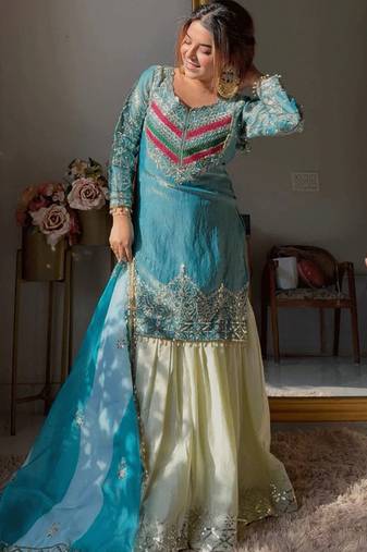 Aqua blue satin silk blend thread embroidered kurta sharara set