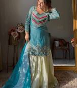 Aqua blue satin silk blend thread embroidered kurta sharara set