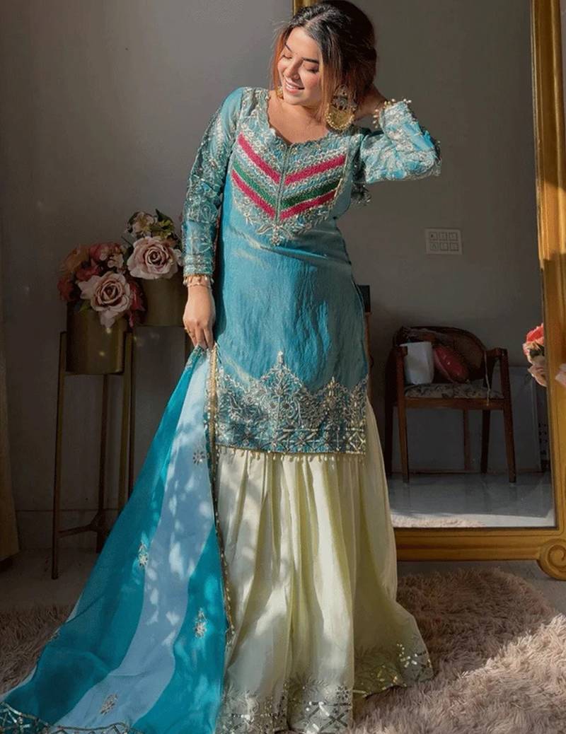 Aqua blue satin silk blend thread embroidered kurta sharara set