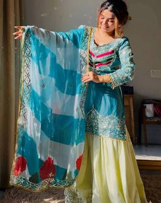 Aqua blue satin silk blend thread embroidered kurta sharara set 2
