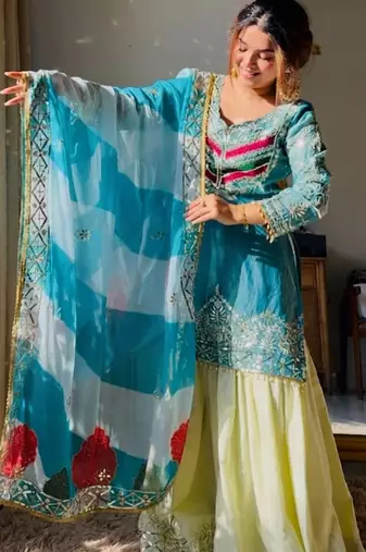 Aqua blue satin silk blend thread embroidered kurta sharara set