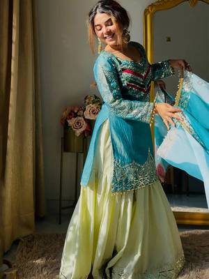 Aqua blue satin silk blend thread embroidered kurta sharara set 3