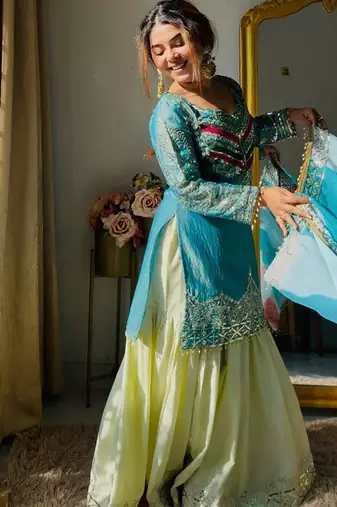 Aqua blue satin silk blend thread embroidered kurta sharara set