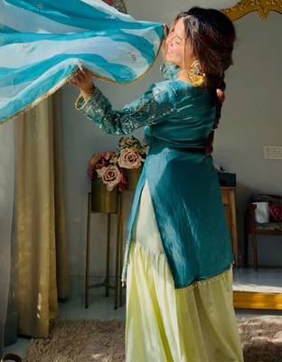 Aqua blue satin silk blend thread embroidered kurta sharara set 4
