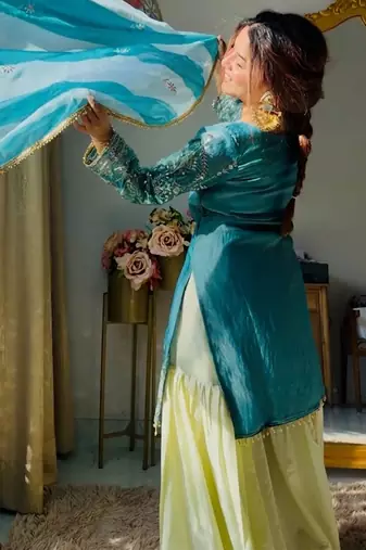 Aqua blue satin silk blend thread embroidered kurta sharara set