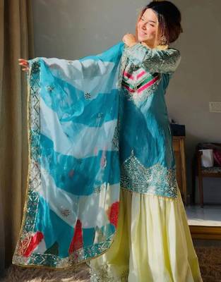 Aqua blue satin silk blend thread embroidered kurta sharara set 5