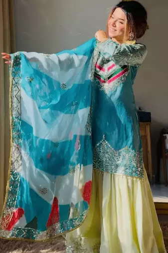 Aqua blue satin silk blend thread embroidered kurta sharara set