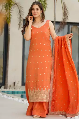Orange chinon silk heavy thread embroidery work kurta palazzo set