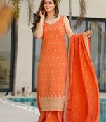 Orange chinon silk heavy thread embroidery work kurta palazzo set
