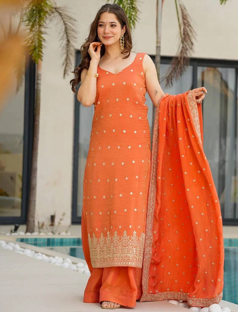 Orange chinon silk heavy thread embroidery work kurta palazzo set