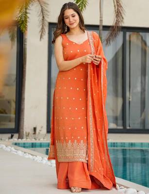Orange chinon silk heavy thread embroidery work kurta palazzo set 2