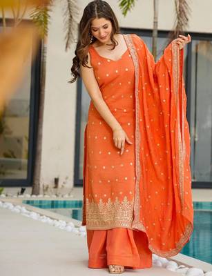 Orange chinon silk heavy thread embroidery work kurta palazzo set 3