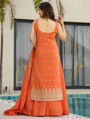 Orange chinon silk heavy thread embroidery work kurta palazzo set 4