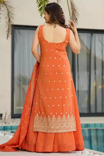 Orange chinon silk heavy thread embroidery work kurta palazzo set
