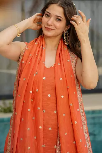Orange chinon silk heavy thread embroidery work kurta palazzo set