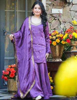 Lavender silk crepe heavy thread embroidery work kurta palazzo set 1