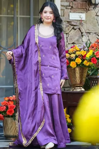 Lavender silk crepe heavy thread embroidery work kurta palazzo set