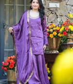 Lavender silk crepe heavy thread embroidery work kurta palazzo set