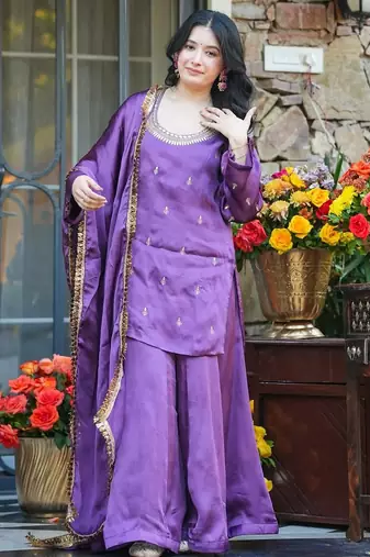 Lavender silk crepe heavy thread embroidery work kurta palazzo set