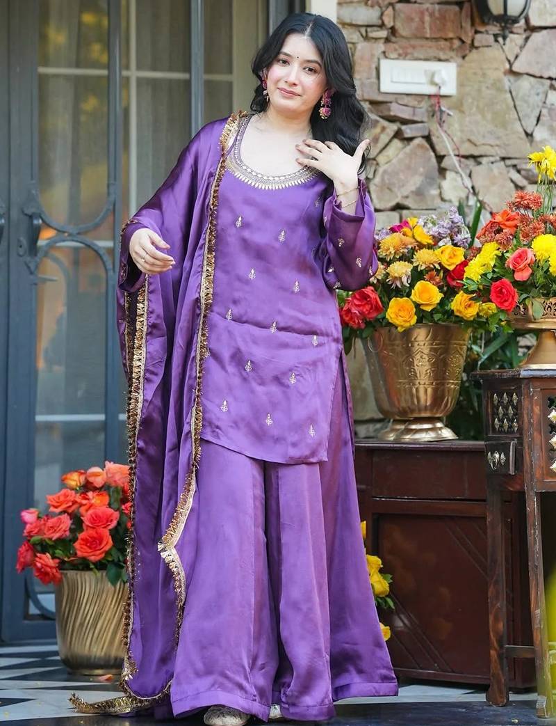 Lavender silk crepe heavy thread embroidery work kurta palazzo set
