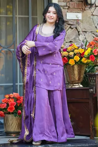 Lavender silk crepe heavy thread embroidery work kurta palazzo set