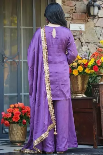 Lavender silk crepe heavy thread embroidery work kurta palazzo set