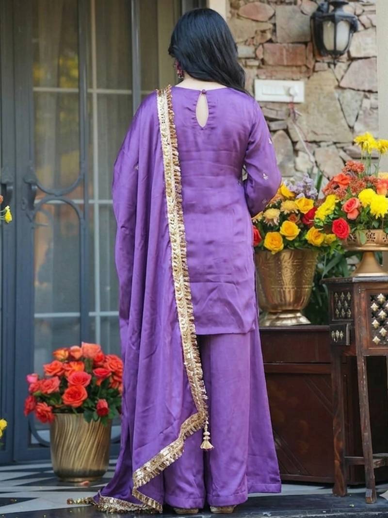 Lavender silk crepe heavy thread embroidery work kurta palazzo set