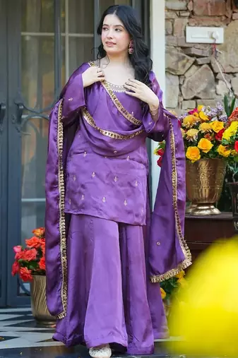 Lavender silk crepe heavy thread embroidery work kurta palazzo set
